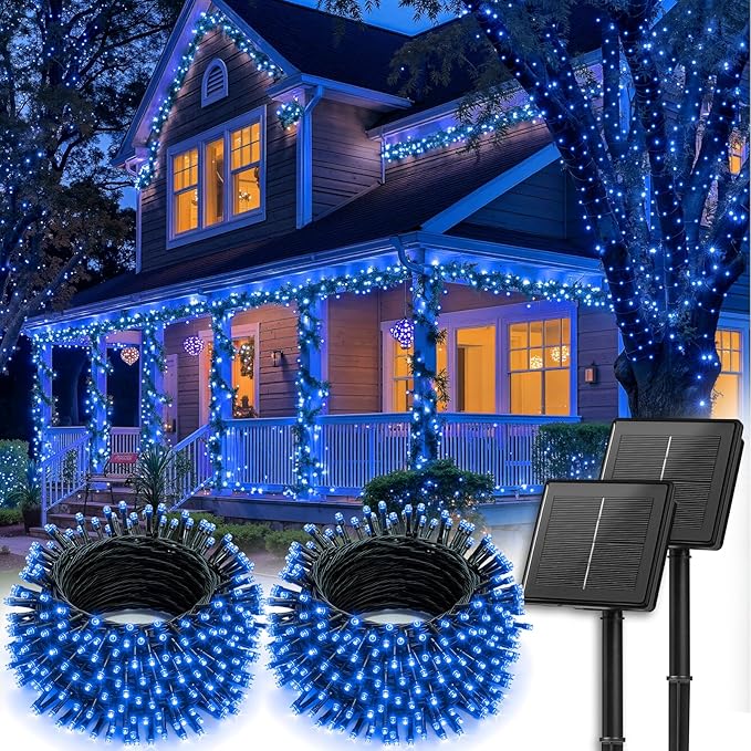 Brightown 2 Pack Solar String Lights Outdoor, Total 144Ft 400 LED Twinkle Fairy Lights Waterproof with 8 Modes Auto On/Off for Patio Tree Garden Party Home Wedding Christmas Decorations (Blue)