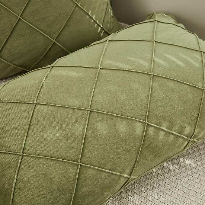 JAUXIO Diamond Pinch Pleated Crystal Velvet Pillowcases 2 Pack Solid Pintuck Throw Cushion Cover for Home Decor Hidden Zipper Closure (Sage, Standard)