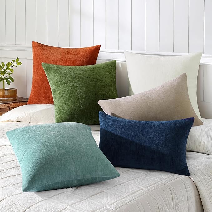 decorUhome Chenille Cream White Throw Pillow Covers 26x26 Inch Set of 2, Decorative Soft Couch Pillow Covers Solid Dyed Accent Velvet Farmhouse Neutral Square Pillow Cases for Sofa Bed Living Room