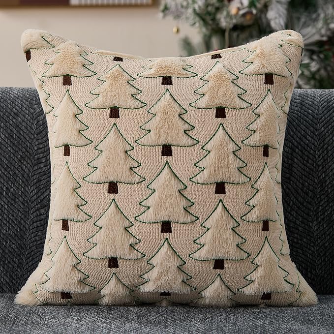 Christmas Pillow Covers 20x20 inch Set of 2 Christmas Decorations Soft Plush Faux Fur Wool Beige Xmas Tree Throw Pillow Cases Winter Holiday Decor for Sofa Living Room PT-012C20