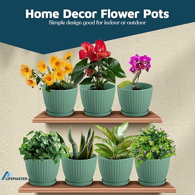 Mint 6-Inch Plant Pots with Drainage & Saucers 12 Pack, Indoor & Outdoor Planters for Houseplants, Herbs, and Flowers, Durable & Weatherproof Material, Stackable, Lightweight, Minimalist Design