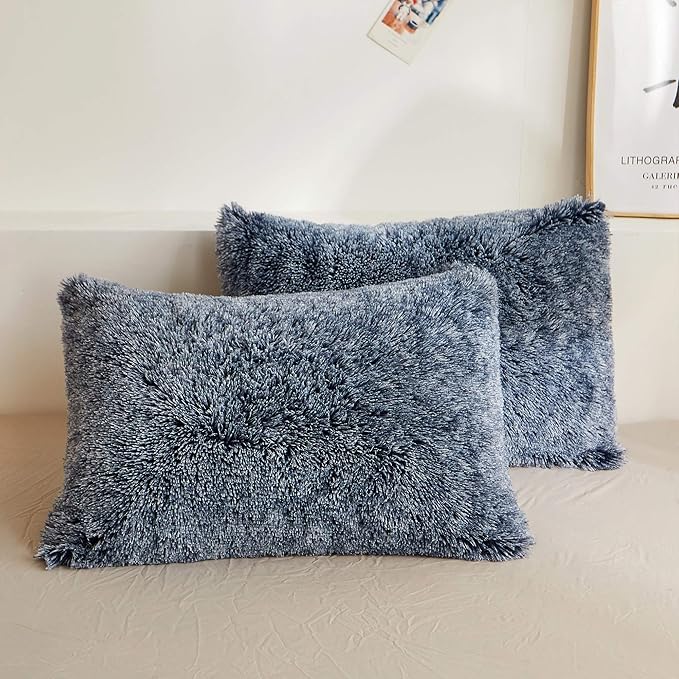 XeGe Faux Fur Throw Pillow Cases, Plush Shaggy Ultra Soft Pillow Covers, Fluffy Crystal Velvet Decorative Pillowcases, Furry Fuzzy Pillow Shams Zipper Closure, Set of 2 (Standard, Navy Blue Ombre)