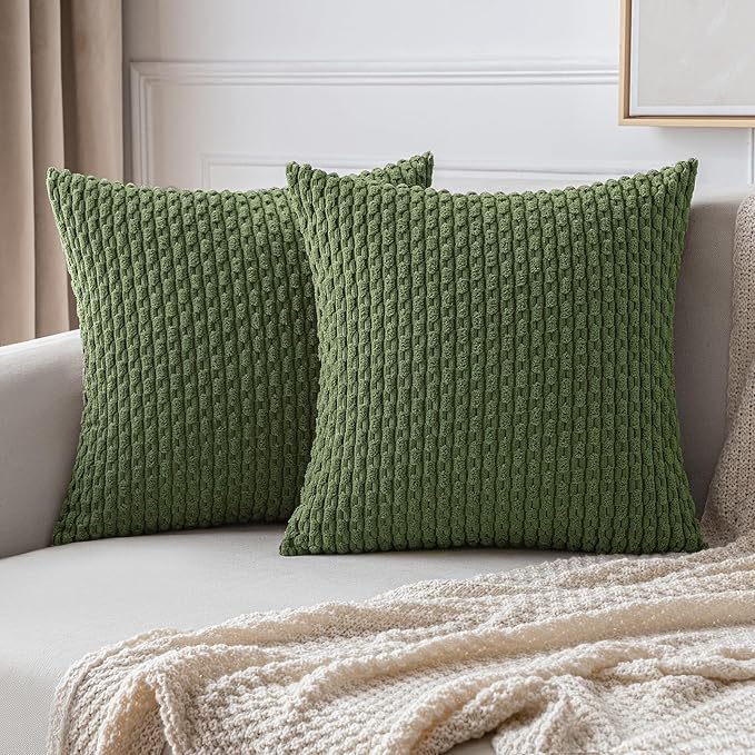 MIULEE Pack of 2 Decorative Throw Pillow Covers 16x16 Inch Soft Boho Striped Textured Corduroy Pillow Covers Modern Farmhouse Home Decor for Couch Bed Sofa Living Room Moss Green