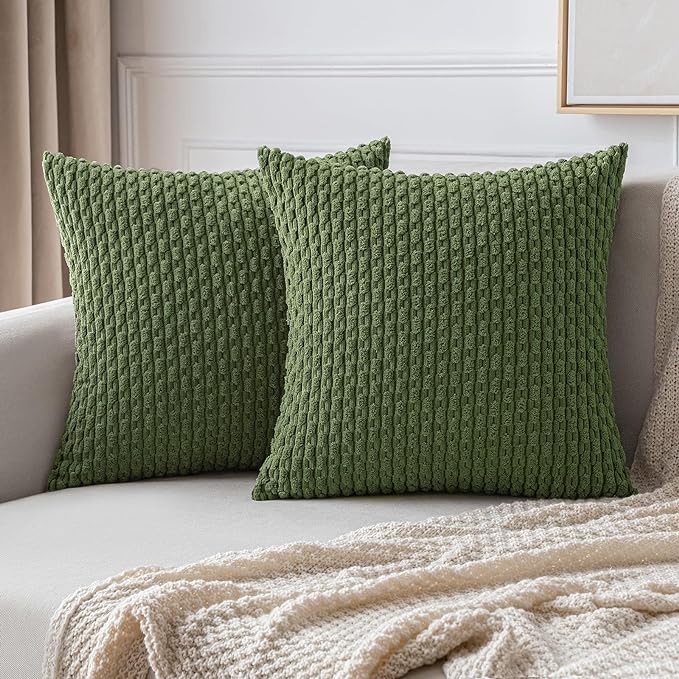 MIULEE Pack of 2 Decorative Throw Pillow Covers 20x20 Inch Soft Boho Striped Textured Corduroy Pillow Covers Modern Farmhouse Home Decor for Couch Bed Sofa Living Room Moss Green