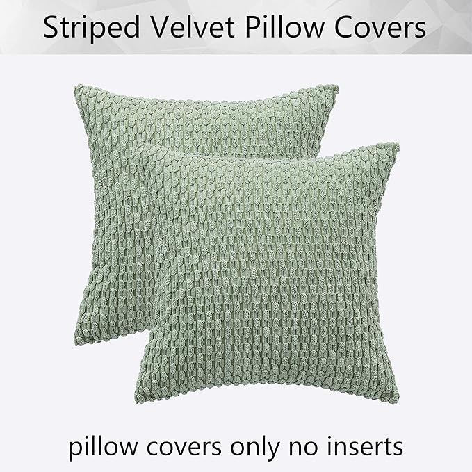 Kevin Textile 2 Packs Decorative Throw Pillow Covers 16x16 Inch for Living Room Couch Bed Sofa Spring Soft Striped Corduroy Square Cushion Case 40x40 cm Farmhouse Boho Home Decor Sage Green