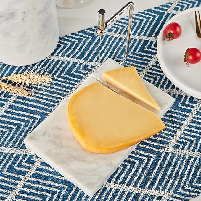 White Marble Cheese Board with Stainless Steel Slicer - Unique Grey Veining and Grooved Design White Marble Cheese Board, Cheese Cutting Serveware For Kitchen, 9.75" W x 8.5" D x 0.75" H