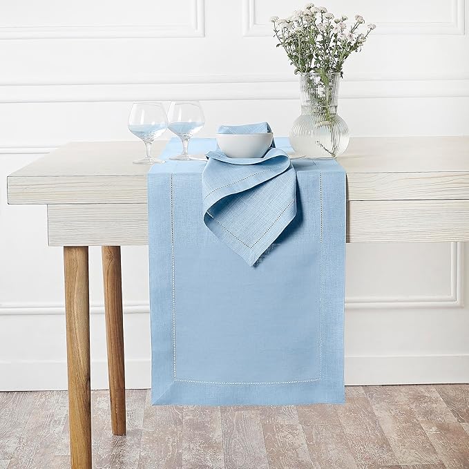 D'Moksha Homes Linen Powder Blue Table Runner 108 Inches Long - 100% Pure Linen 14 x 108 Inch Table Runner for Fall, Autumn and Halloween - Classic Hemstitch