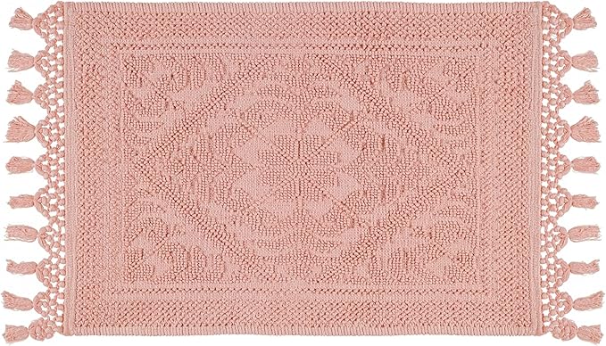 Savi Home Cotton Woven Jacquard Bathroom Rug, Woven Fringe Bathroom Mats, 100% Cotton, Non - Slip Bath Mat, Durable Thick Bath Mat 17”x30” with Fringes, Baby Pink