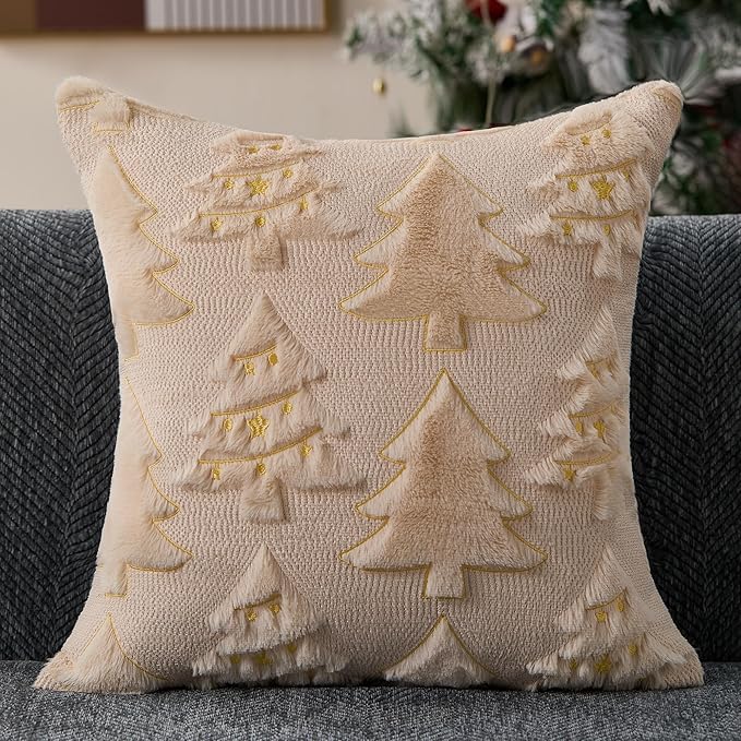 Christmas Pillow Covers 18x18 inch Set of 2 Soft Plush Faux Fur Christmas Decor Beige Xmax Tree Yellow Colored Lights Decoration Throw Pillow Case for Winter Holiday Sofa Living Room PT013C18