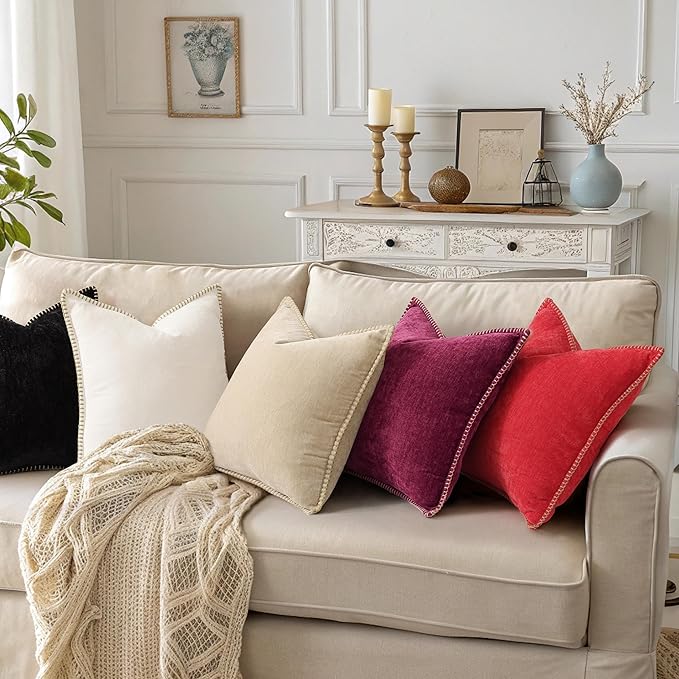 decorUhome Christmas Chenille Soft Throw Pillow Covers 16x16 Set of 2, Farmhouse Velvet Neutral Decorative Euro Pillow Covers with Stitched Edge for Couch Sofa Bed Home Decor, Christmas Red