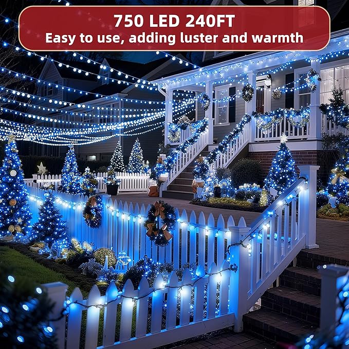 240FT Christmas Lights Outdoor, 750 LED Christmas Tree Decoration Lights with 12 Modes & Timer Memory, Dimmable Plug In Waterproof LED Xmas Light for Yard Trees Wedding Party Holiday Blue & White
