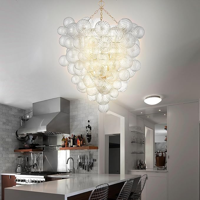 Extra Large Glass Bubble Chandelier 2-Layer 44" High Light Fixtures Mid-Century Swirled Clear Blown Glass Globe Chandeliers Pendant Lights for Stairway Living Room Entryway Foyer