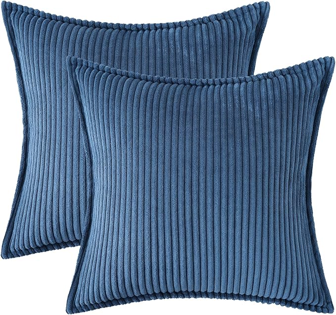 Mecatny Corduroy Throw Pillow Covers 16x16 Set of 2, Neutral Decorative Soft Boho Couch Pillow Covers with Broadside for Sofa Living Room, Navy