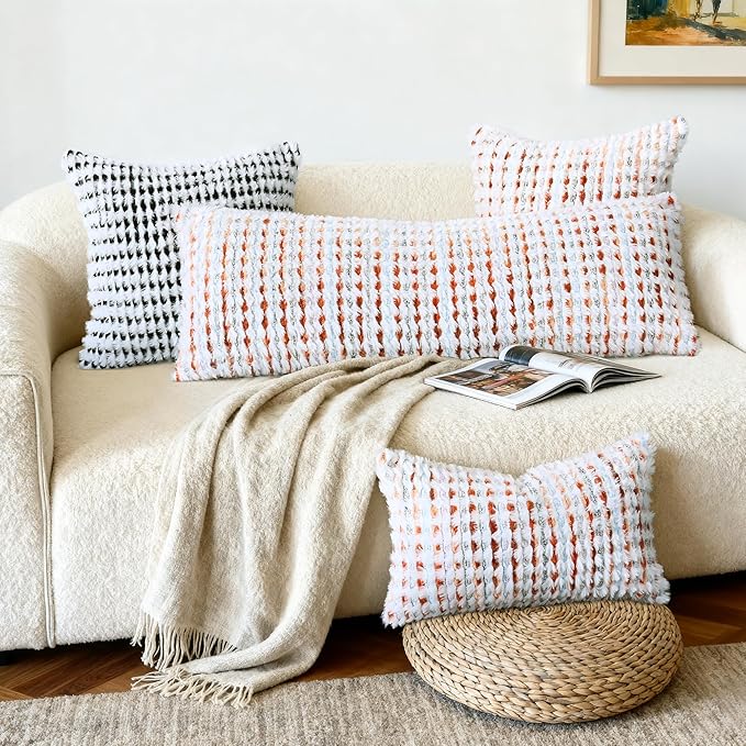 Boho Chenille Tufted Pillow Cover 14x36 Inch Set of 1, Farmhouse Striped Decorative Pillow Covers Accent Fluffy Neutral Long Body Bolster Pillow for Couch Sofa Bedroom Living Room, Orange
