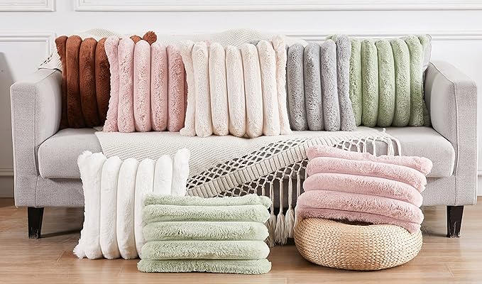 Faux Fur Plush Throw Pillow Covers 18x18 Inch Set of 2 - Luxury Decorative Fuzzy Striped Soft Cozy Pillowcase for Couch, Sofa, Living Room - Brown