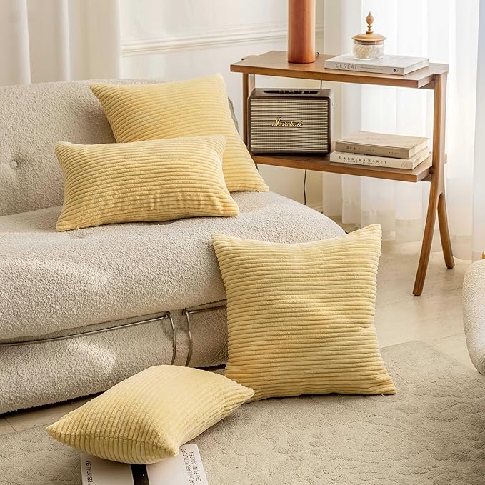 Home Brilliant Set of 2 Super Soft Corduroy Fall Pillow Covers 16x16 Decorative Throw Pillow Covers for Couch Sofa Bed Living Room Hallway Winter Decor, 16 x 16 inch, Light Yellow