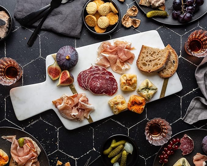 Cork & Mill Marble Cheese Board for Charcuterie, Large Decorative Stone Cutting Board, 15" Long Charcuterie Tray, Unique Gold and White Decorative Meat and Cheese Serving Tray with Handle