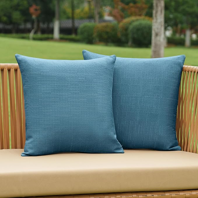 NiNi ALL Pack of 2 Decorative Outdoor Waterproof Pillow Covers Square Garden Linen Textured Cushion Sham Throw Pillowcase Set of 2 for Patio Farmhouse Garden Tent Couch 18x18 Inch Dark Blue