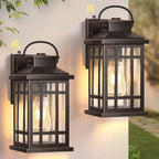 Dusk to Dawn Outside Lights, 2-Pack Oil Rubbed Bronze Exterior Lighting Fixtures with Gold Trim, Modern Patio Wall Sconce with Seed Glass, Waterproof Anti-Rust Outdoor Wall Light for Porch, Garage