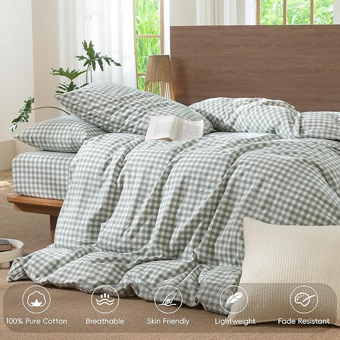 MooMee Gingham Duvet Cover Set 100% Washed Cotton Linen Like Textured Breathable Durable Soft Comfy Modern Checkered Design (Sage Green Gingham, Oversized Queen 98"x98")