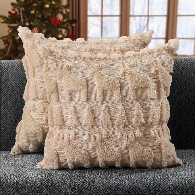DFXSZ Christmas Pillow Covers 20x20 inch Set of 2 Beige Christmas Tree Elk Decoration Soft Plush Faux Fur Jacquard Throw Pillows for Bedroom Sofa Holiday Festivals Winter Home Decor PTK069C20