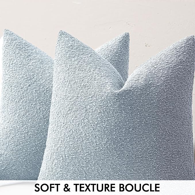 MIULEE 24x24 Decorative Euro Sham Throw Pillows for Bed Set of 2 Textured Boucle Neutral Winter Throw Pillow Covers Light Blue Accent Solid Couch Pillowcases Sofa Livingroom Home Decor