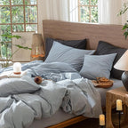 MooMee Wavy Striped Duvet Cover Set 100% Washed Cotton Linen Like Textured Breathable Durable Soft Comfy (Cornflower Blue, Palatial King/Oversized King 120"x98")