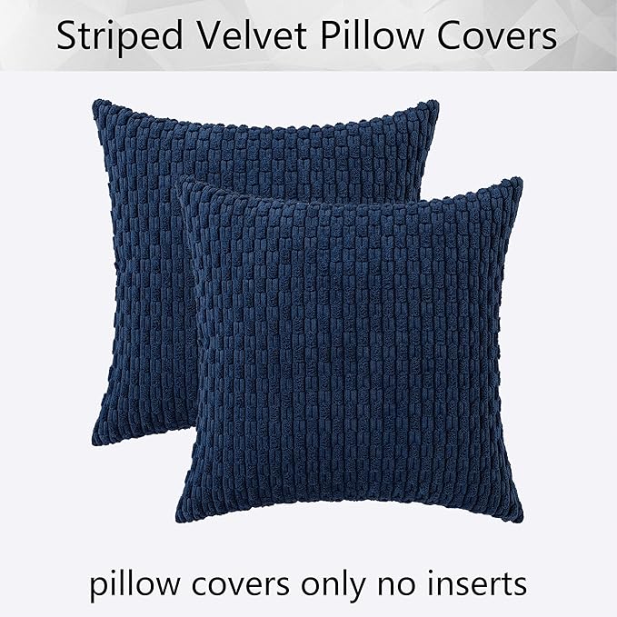 Kevin Textile Pack of 2 Corduroy Decorative Throw Pillow Covers 22x22 Inch Soft Boho Striped Pillow Covers Modern Farmhouse Home Decor for Spring Sofa Living Room Couch Bed Navy Blue