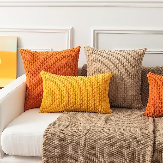 Kevin Textile 2 Packs Tan Decorative Throw Pillow Covers 22x22 Inch for Living Room Couch Bed Sofa Soft Striped Corduroy Square Cushion Case 55x55 cm Rustic Farmhouse Boho Home Decor