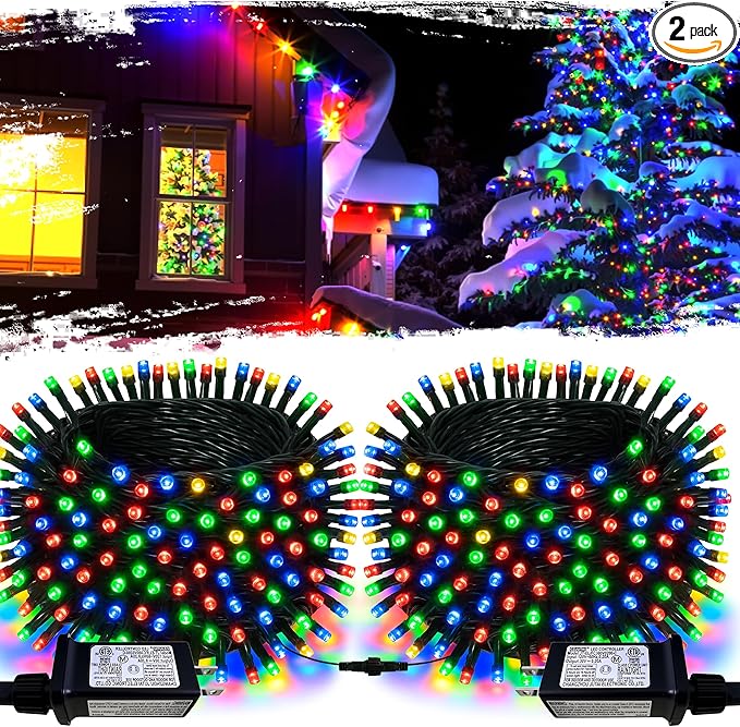 String Lights Outdoor & Indoor, 2Pack 600 LED Fairy Lights, 210ft Plug-in Waterproof Twinkle Light with 8 Modes for Christmas Tree Halloween Wedding Party Garden Patio Decorations(Multicolor)
