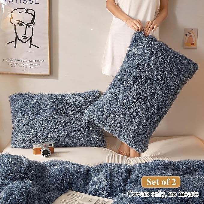 XeGe Faux Fur Throw Pillow Cases, Plush Shaggy Ultra Soft Pillow Covers, Fluffy Crystal Velvet Decorative Pillowcases, Furry Fuzzy Pillow Shams Zipper Closure, Set of 2 (Standard, Navy Blue Ombre)