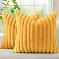 decorUhome Faux Fur Throw Pillow Covers 24x24 Set of 2, Decorative Soft Plush Striped Neutral Couch Euro Pillow Covers with Velvet Back for Sofa, Bed, Living Room Home Decor, Mustard Yellow