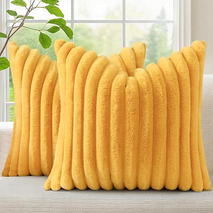 decorUhome Faux Fur Throw Pillow Covers 16x16 Set of 2, Decorative Soft Plush Striped Neutral Couch Euro Pillow Covers with Velvet Back for Sofa, Bed, Living Room Home Decor, Mustard Yellow