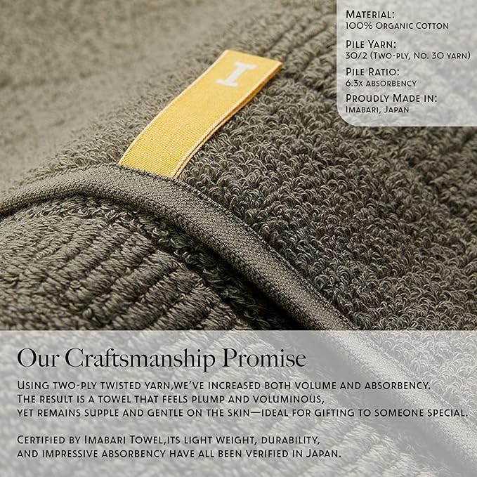 Extra Absorbent Organic Cotton Bath Towels, Soft & Plush, Made in Japan, Oeko-Tex Class 1 Certified, 28 x 53 inch, OliveGreen(Marked as Dark Gray), Pack of 2 – Proof of Purity