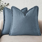 Foindtower Set of 2 Decorative Linen Fringe Throw Pillow Covers Cozy Boho Farmhouse Cushion Cover with Tassels Soft Accent Pillowcase for Couch Sofa Bed Living Room Home Decor, 22×22 Inch, Misty Blue