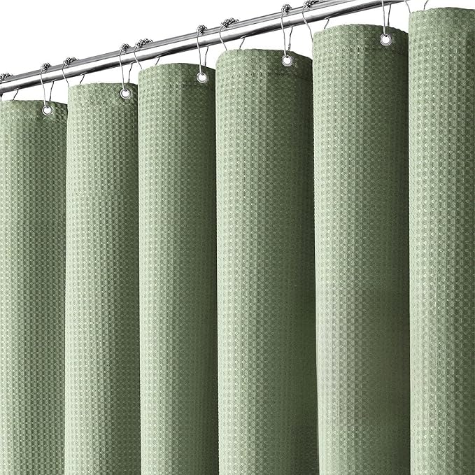 Inhousolu Fabric Shower Curtain Waffle Weave, Sage Green 230 GSM Heavy Duty, Weighted Hem, 14 Metal Hooks, Water Repellent, Machine Washable, Hotel Spa Luxury Bath Curtain Set, 72 x 84 Inch