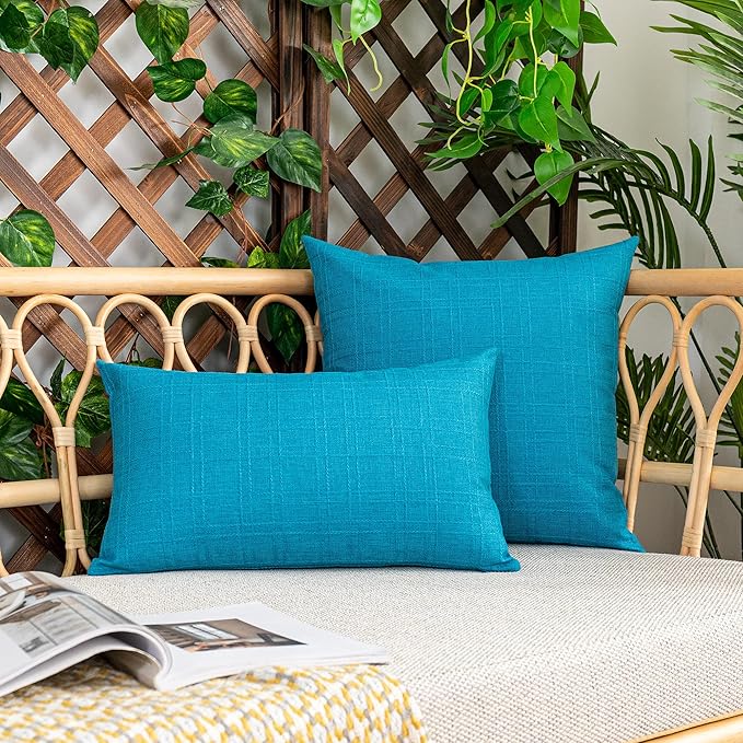 Kevin Textile Pack of 2 Outdoor Waterproof Pillow Covers Checkered Decorative Cushions Sham Throw Pillowcases Shell for Patio Tent Garden Couch Bed Sofa 22x22 Inch Peacock Blue