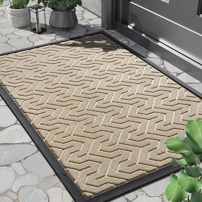 Yimobra Front Door Mat Outside Entrance 29.5x17, Waterproof Heavy Duty Outdoor Mats for Front Door, Non Slip Rubber Entry Mat for Garage Patio Indoor, Light Beige