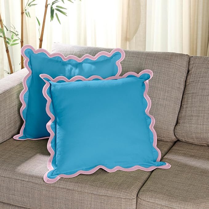 Folkulture Throw Pillow Covers | (18 x 18) Set of 2 Scallop Pillow Cover | Decorative Pillow Covers | Accent Throw Pillows or Outdoor Pillow | Cotton Pillow Covers Standard Size | Blue Throw Pillows