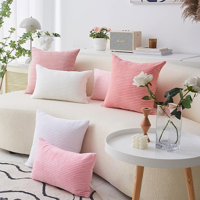 Home Brilliant 12x20 Pillow Covers Set of 2 Rectangle Throw Pillow Striped Corduroy Oblong Throw Pillowcases for Lumbar Pillows Girl's Room Decor 12 x 20 inch, Baby Pink