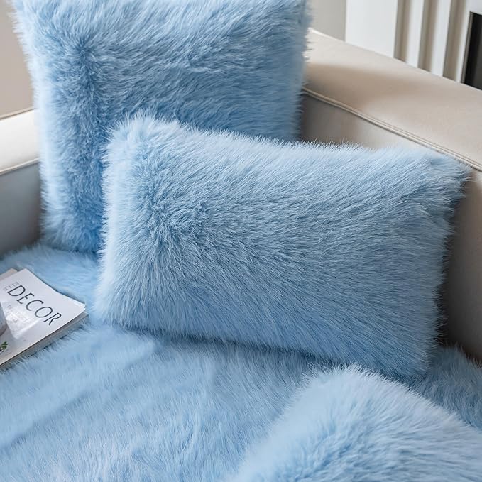Neelvin Blue Faux Fur Cozy Fluffy Double-Sided Decorative Throw Pillow Covers 18x18 inch Set of 2,Velvet Pillowcase Cushion Case for Sofa Couch