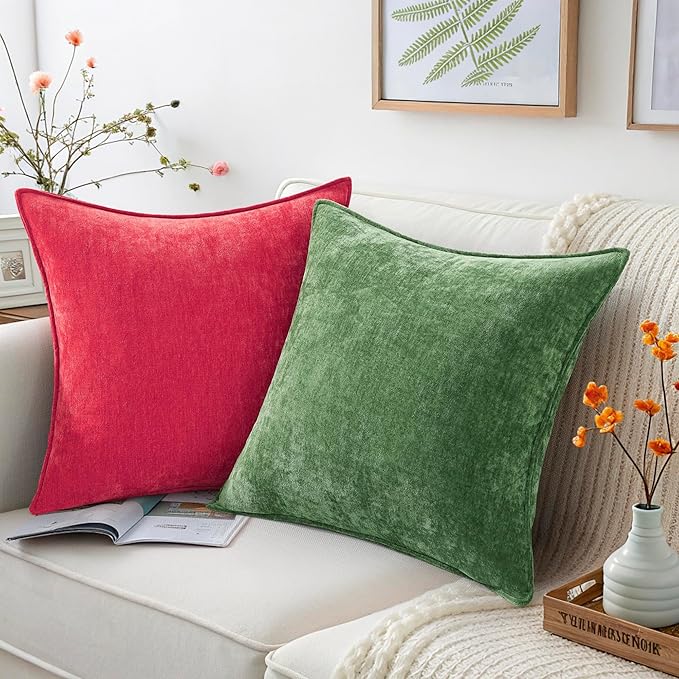 decorUhome Christmas Couch Throw Pillow Covers 22x22 Set of 2, Decorative Soft Euro Neutral Chenille Pillow Covers with Elegant Design for Sofa Bed Living Room Home Decor, Red