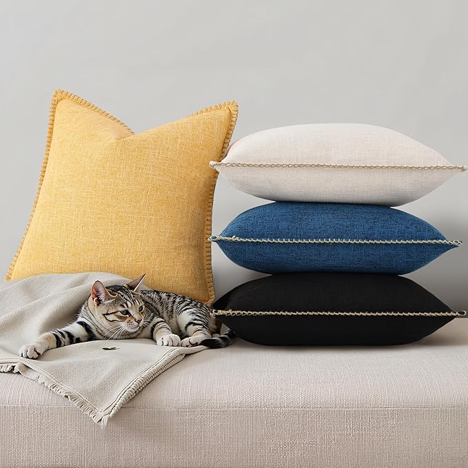 decorUhome Decorative Outdoor Throw Pillow Covers 18x18 Set of 2, Square Linen Rustic Neutral Farmhouse Euro Pillow Covers with Stitched Edge for Couch, Sofa, Living Room, Black