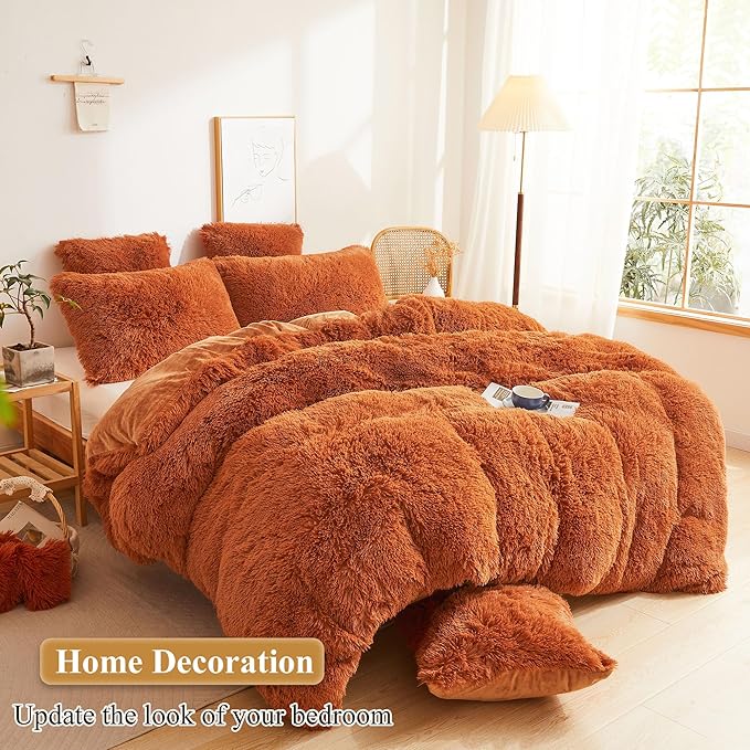 XeGe Faux Fur Fluffy Pillow Cases, Plush Shaggy Pillow Shams, Ultra Soft Furry Pillow Covers, Velvet Fuzzy Decorative Pillowcases for Bed Couch Sofa Zipper Closure, Set of 2 (Standard, Burnt Orange)