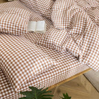 MooMee Gingham Duvet Cover Set 100% Washed Cotton Linen Like Textured Breathable Durable Soft Comfy Modern Checkered Design (Dark Orange Gingham, King 104"x90")