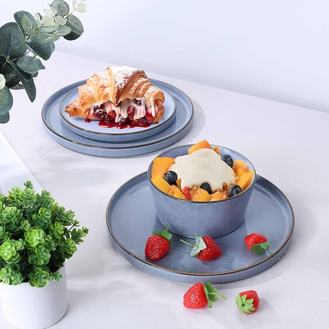 Herogo Dinnerware Sets with Pasta Bowls for 4, 16 Piece Dinner Salad Plates and Cereal Serving Bowls, Stoneware Dishes Dinner Ware for Home Kitchen, Dishwasher & Microwave Safe, Haze Blue