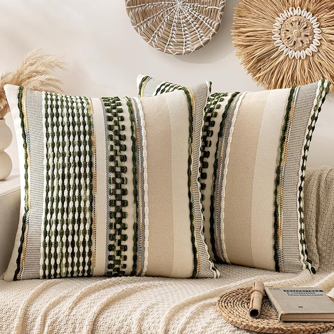 ANRODUO Pack of 2 Boho Decorative Throw Pillow Covers 24x24 Farmhouse Cushion Case Striped Chenille Pillow Cases Square Pillow Covers Accent Neutral Pillowcase for Sofa Couch Bed, Olive Green Stripe