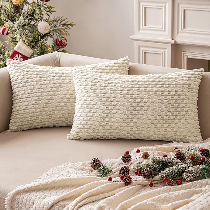 MIULEE Pack of 2 Decorative Lumbar Throw Pillow Covers 12x20 Inch Soft Boho Striped Textured Corduroy Pillow Covers Modern Farmhouse Home Decor for Couch Bed Sofa Living Room Cream White
