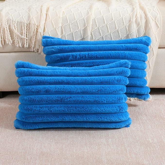 FUTEI Royal Blue Striped Decorative Throw Pillow Covers 12x20 Inch Set of 2,Rectangle Winter Decorations Couch Lumbar Pillowcase,Soft Cozy Faux Rabbit Fur & Velvet Back,Modern Home Decor for Bed
