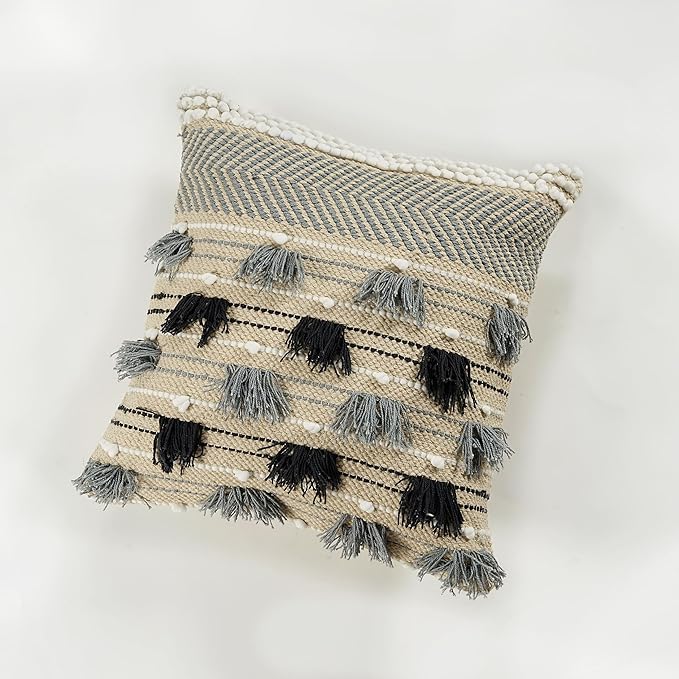 GRUHUM Throw Pillow Covers 18x18 Inch Set of 2 Boho Decorative Handwoven Tufted Cushion Case for Living Room Bedroom Sofa Couch Farmhouse Car Home Decor Cotton Comfy Square Modern 18"x18", Cream/Blue